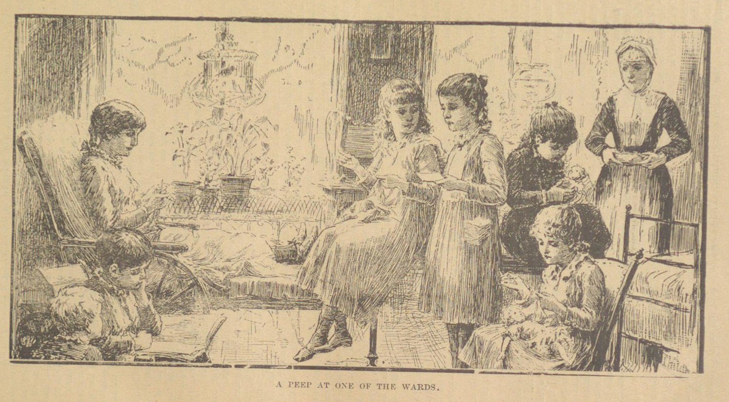 Historical illustration titled "A PEEP AT ONE OF THE WARDS" showing Victorian-era children's hospital ward. Young patients engage in various activities while a nurse supervises. Children are shown reading, crafting, and resting in a homelike environment.