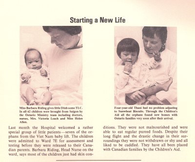 Historical newsletter showing Vietnamese orphans from 1970s airlift receiving care at SickKids before adoption by Canadian families.