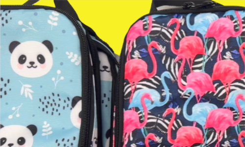 Two backpacks, one with pandas and one with flamingos.
