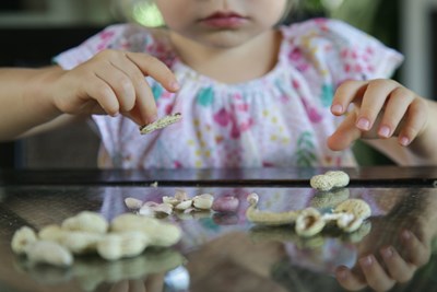 A young child pictured at a table cracking open peanut shells