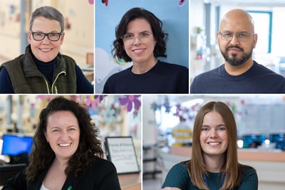 A collage showing five photos of SickKids staff who support the transplant program. In the top row are Jane Darch, Jaina Leitch, and Dr. Aamir Jeewa. In the bottom row are Kalyn Bolland and Melissa Darby.