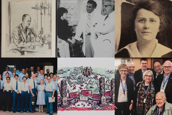 A collage of a sketch of Dr. Andrew Hunter, photo of Dr. Bibudhendra (Amu) Sarkar, photo of Dr. Gladys Boyd, group photo of the Human Genome Organization, illustration of the CGEn bridge and group photo for the 50th anniversary of U of T Molecular Genetics.